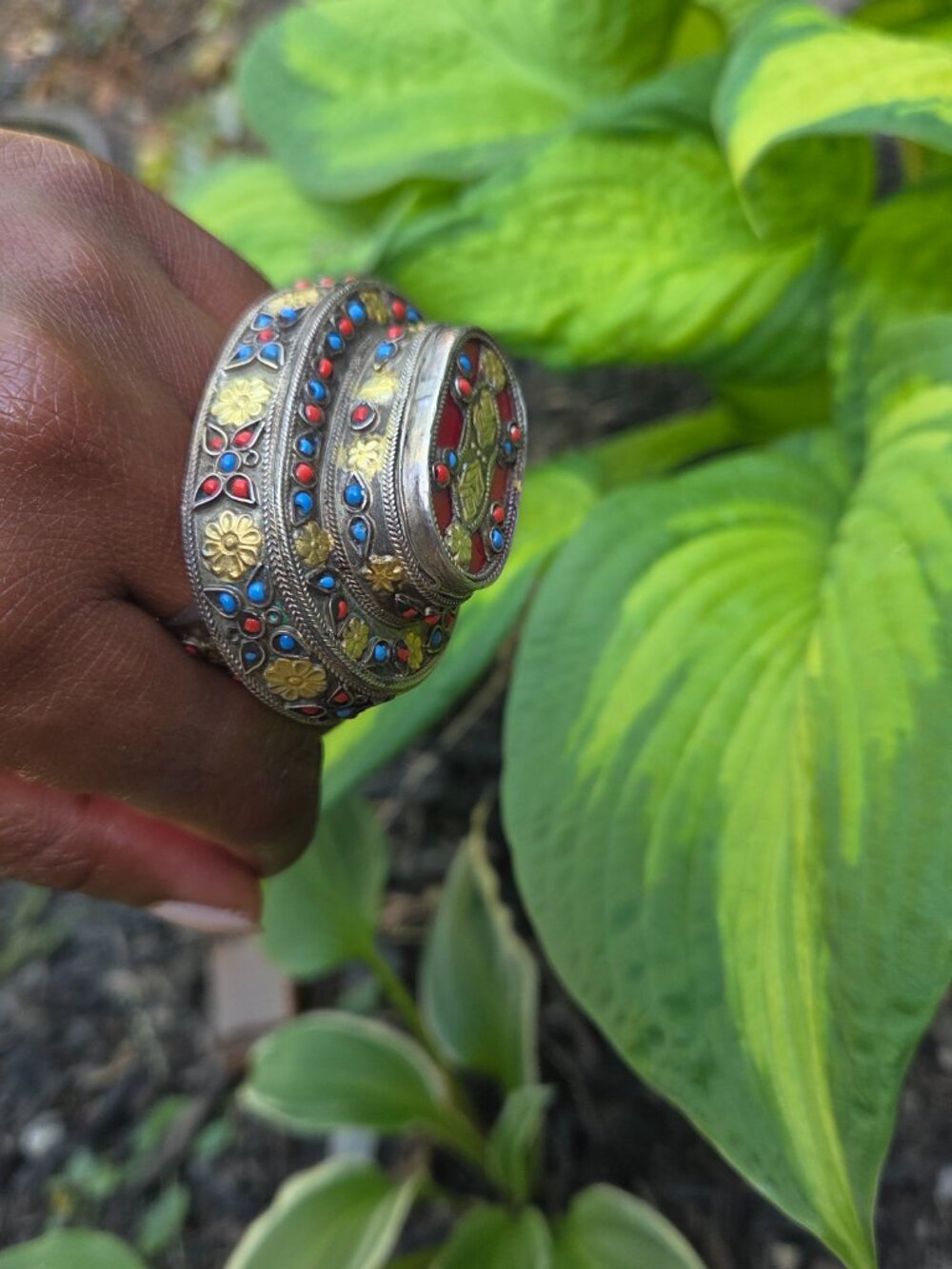 Vintage Turkmen Double Finger Ring Central Asian Tribal Silver Turquoise Coral - Picture 5 of 13